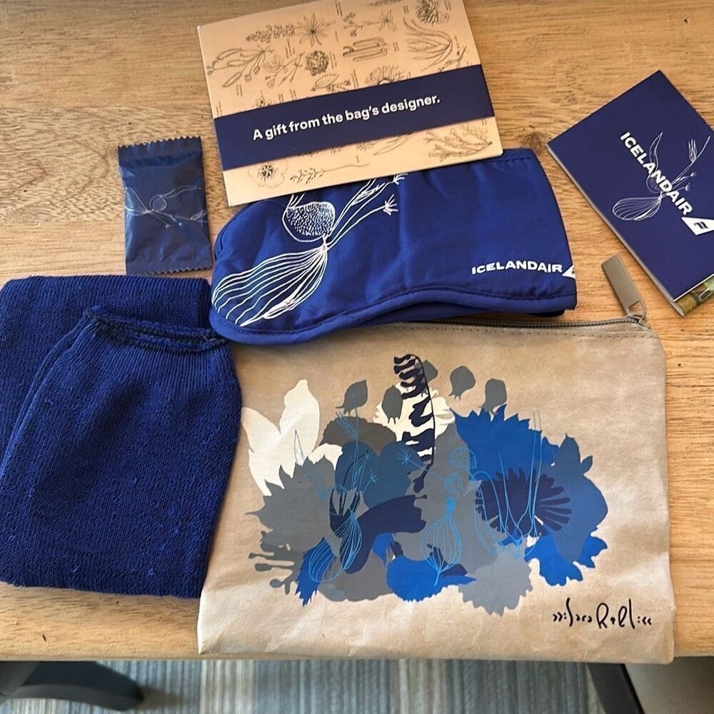 Iceland Air travel pouch designer with mask & socks